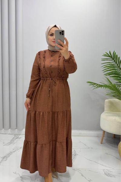 Elbise Keten Ayrobin Hayal Kahverengi
