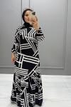 Viskon Labirent Elbise Siyah Beyaz