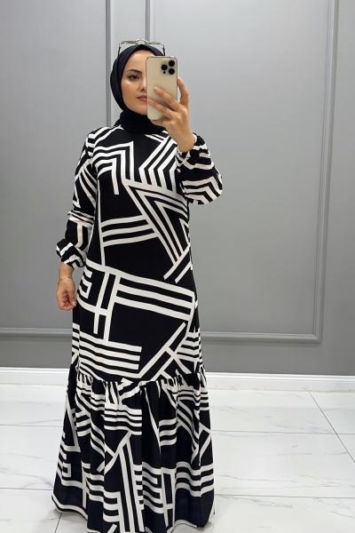 Viskon Labirent Elbise Siyah Beyaz
