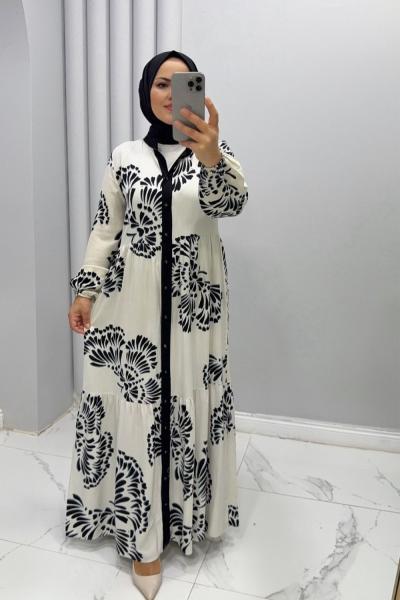 Elbise Viskon Sümbül Beyaz Siyah
