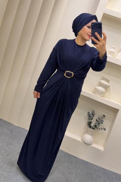 Sandy Büzgülü Linda Elbise  Lacivert