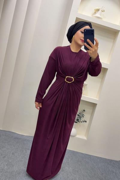 Sandy Büzgülü Linda Elbise  Mürdüm