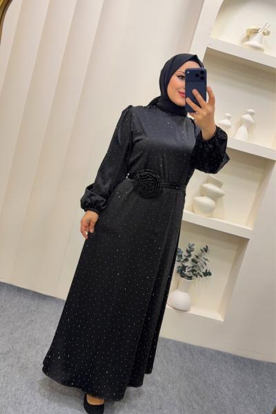 Elbise Gül kemerli Berivan  Siyah