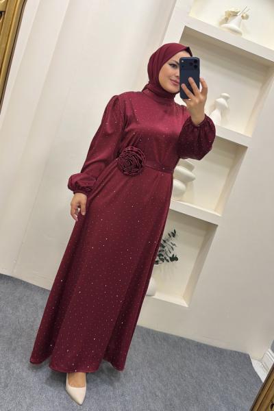 Elbise Gül kemerli Berivan  Bordo