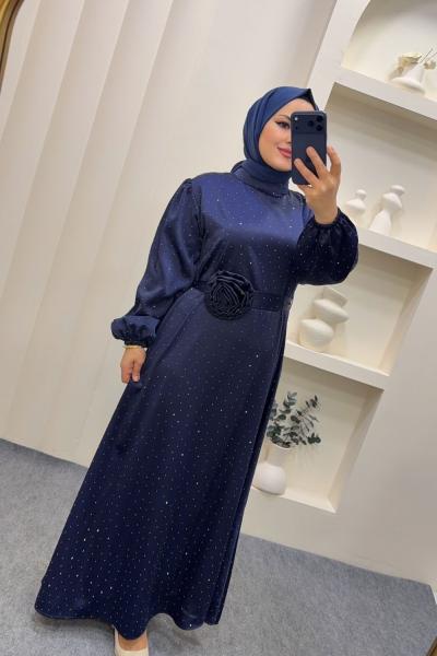 Elbise Gül kemerli Berivan  Lacivert
