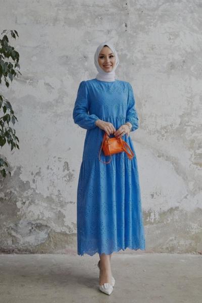 Elbise Dantel Şelale Mavi