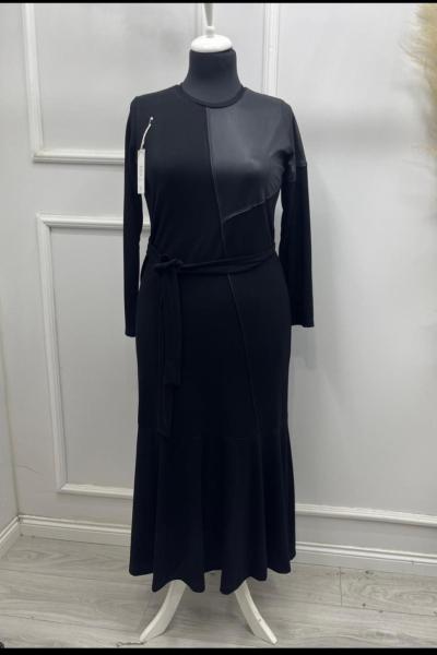 Elbise Deri Garni Yeliz Siyah