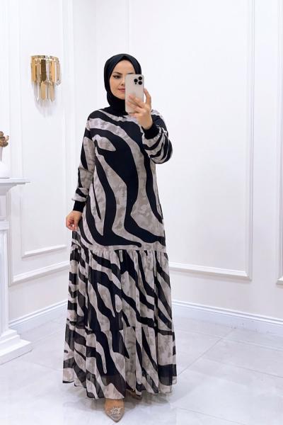 Elbise Şifon Zebra Miray Siyah Kahverengi