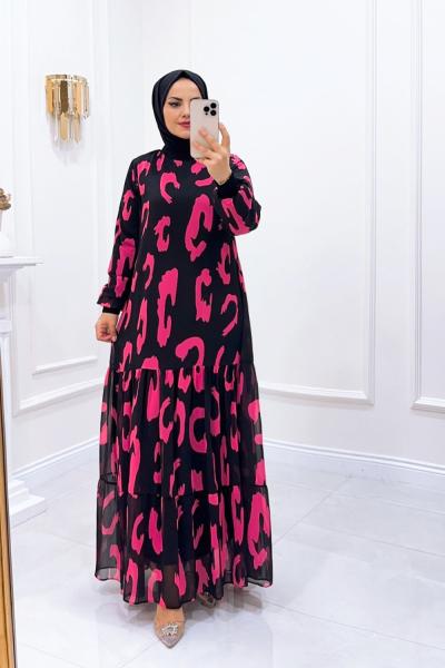 Elbise Şifon Bulut Siyah Fuşya