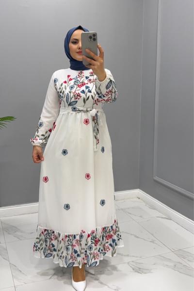 Elbise Şifon Burçak Beyaz Mavi