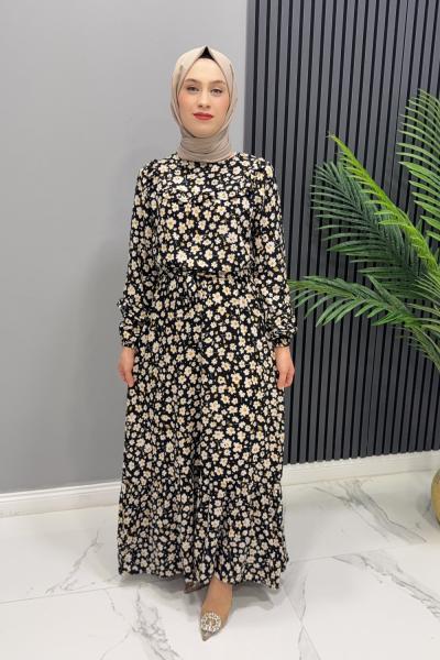 Elbise Viskon Gelincik Siyah Beyaz