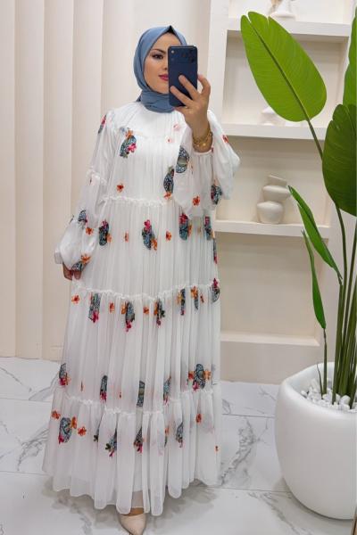 Elbise Nakışlı Lara Beyaz