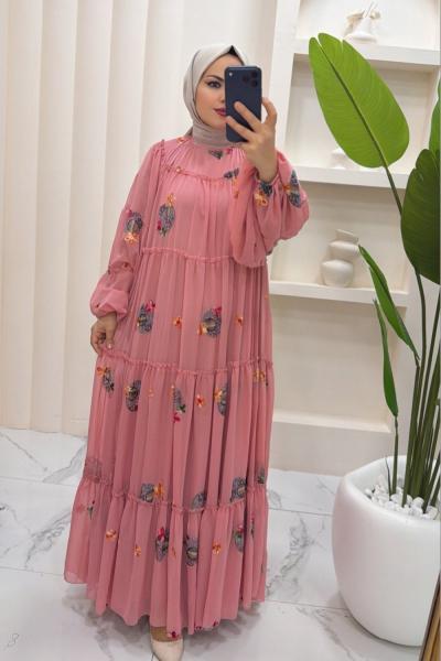 Elbise Nakışlı Lara Pembe